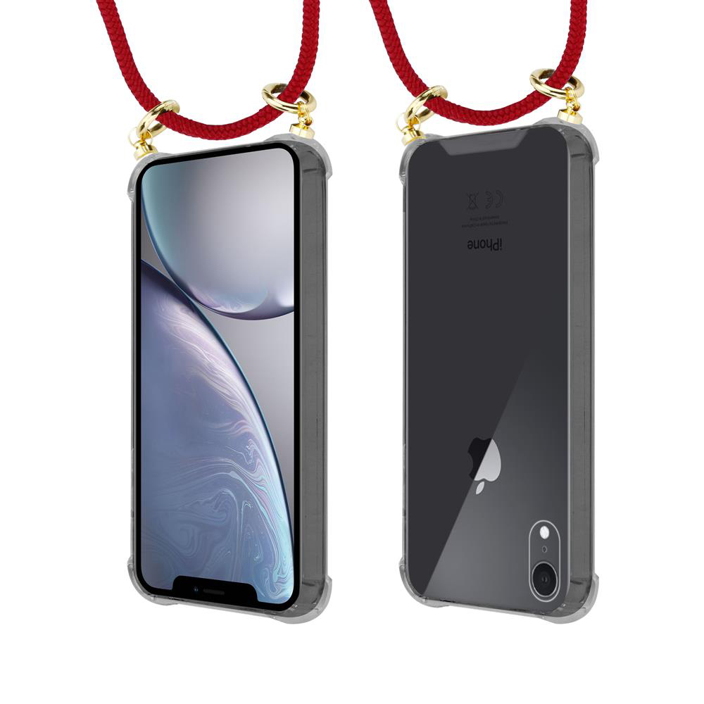Un iPhone in una custodia trasparente con cordino rosso e hardware dorato.