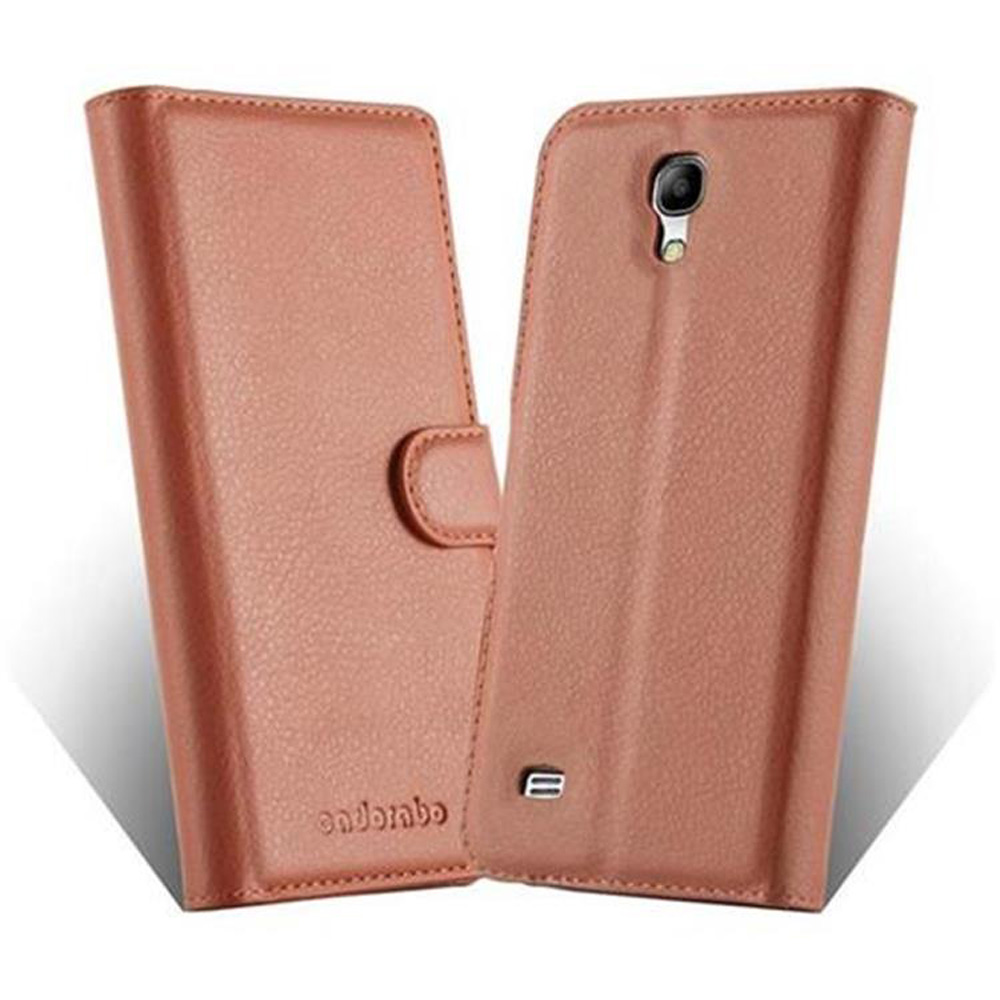Custodia a libro in pelle marrone per smartphone, su sfondo bianco.