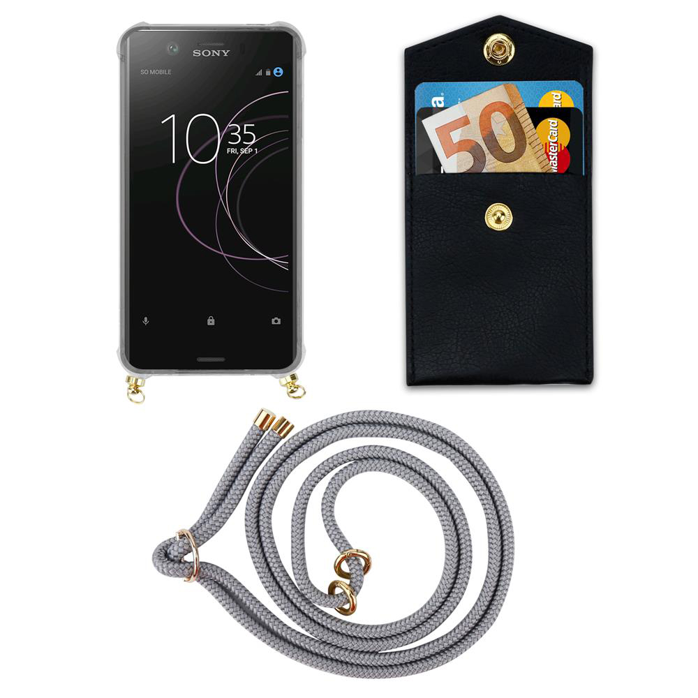 Sony Smartphone mit Hülle, Portemonnaie und Lanyard auf weißem Hintergrund.