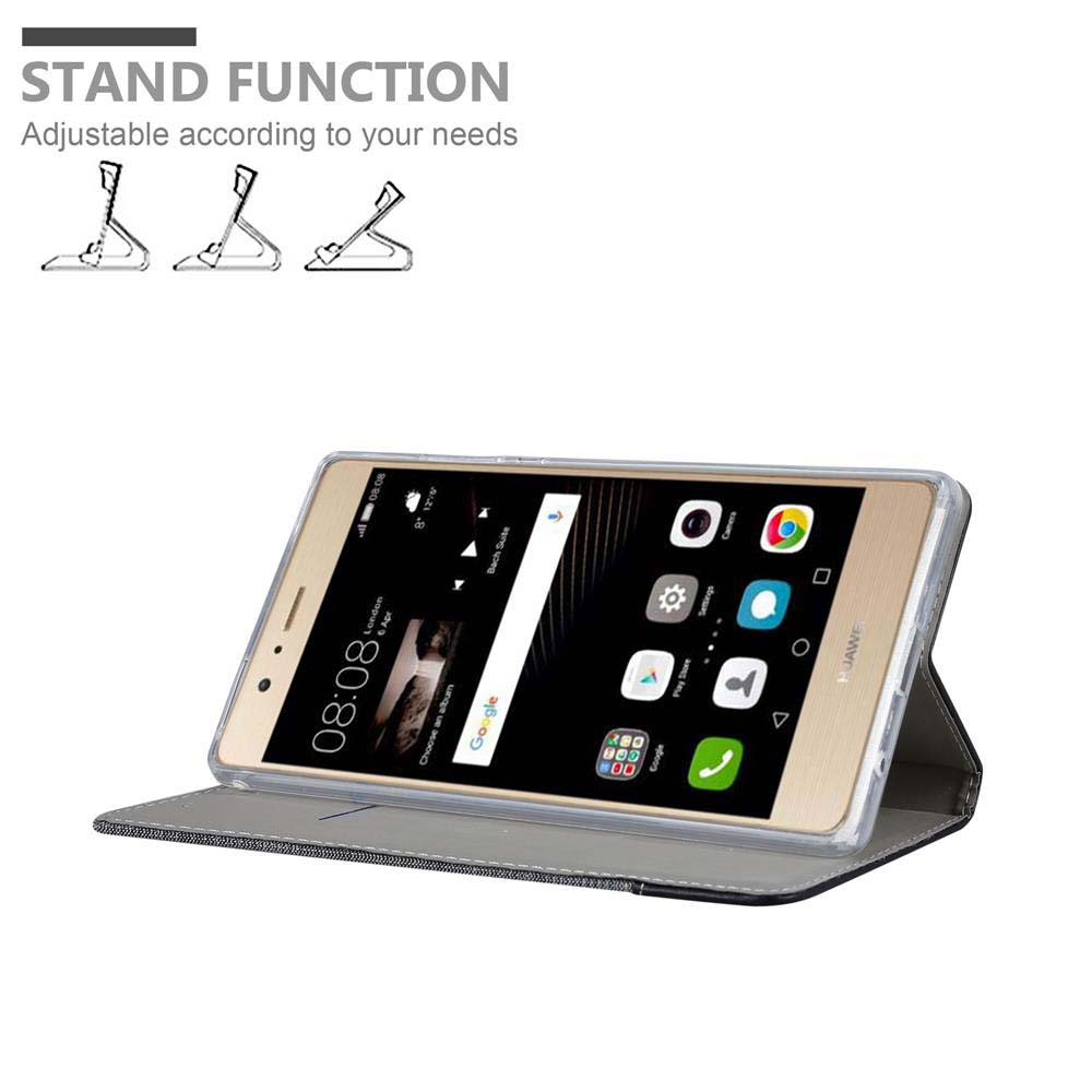 Uno smartphone in una custodia grigia che funge da supporto, con tre posizioni illustrate.