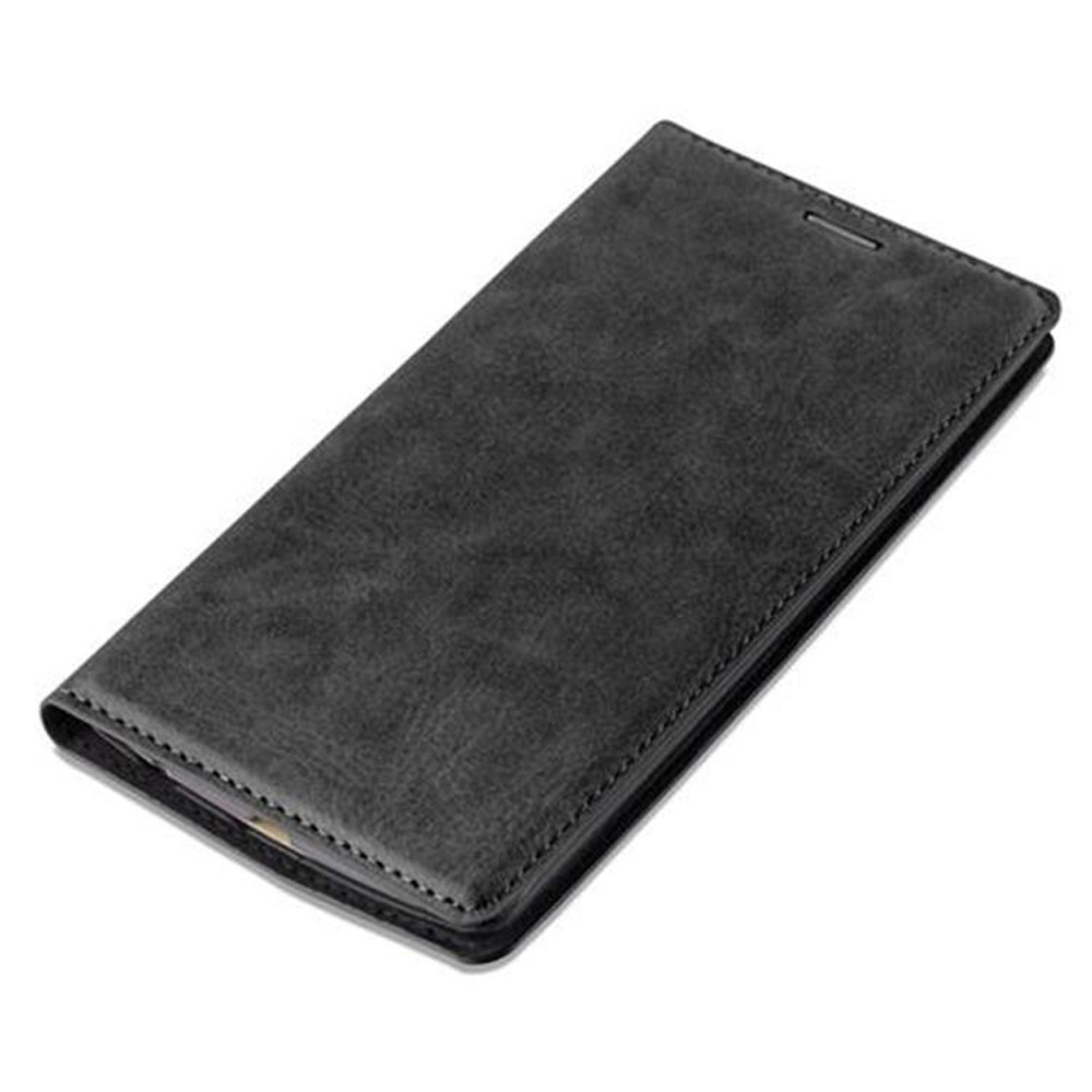 Custodia a libro per telefono testurizzata grigio scuro. Slot per carte visibili.