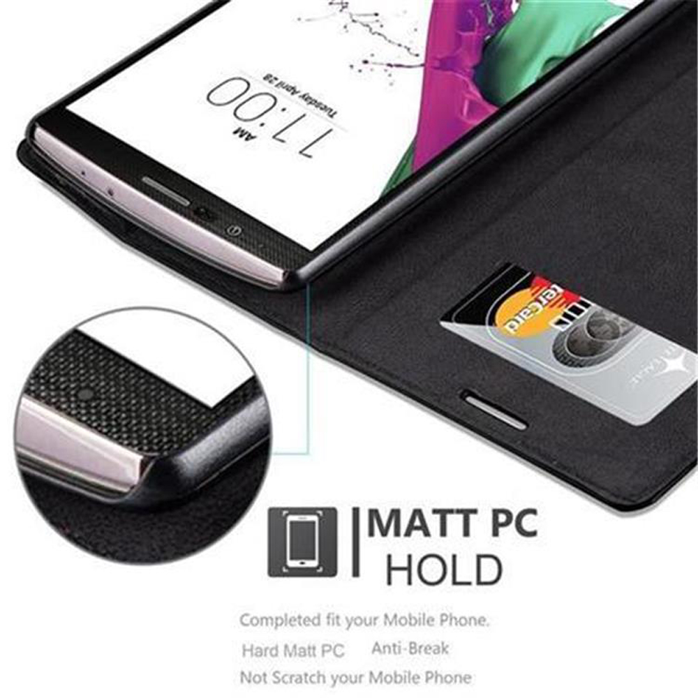 Custodia a libro nera per cellulare con porta carte. Mostra le 11:00.
