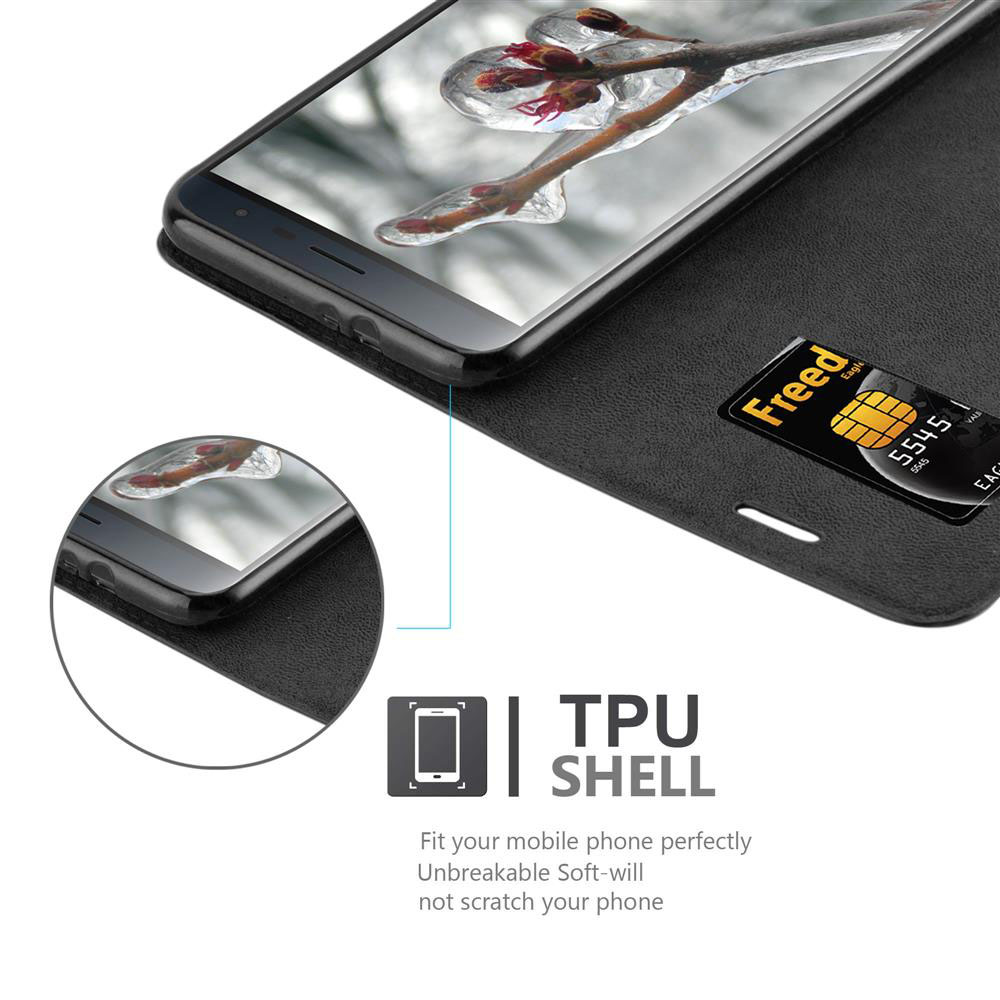 Custodia nera per telefono con slot per carte di credito, mostra un telefono con rami coperti di ghiaccio.