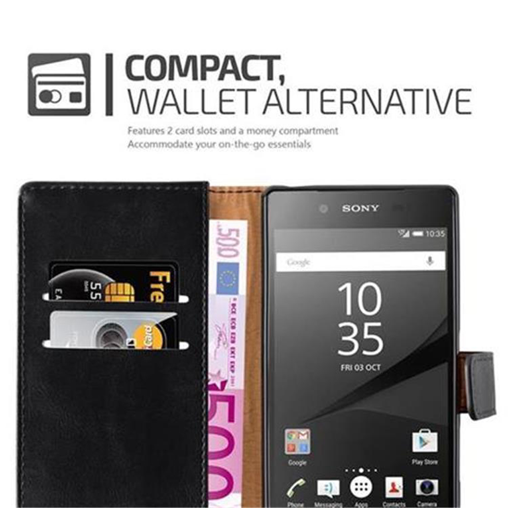 Custodia a portafoglio nera con carte di credito, banconote in euro e uno smartphone Sony.