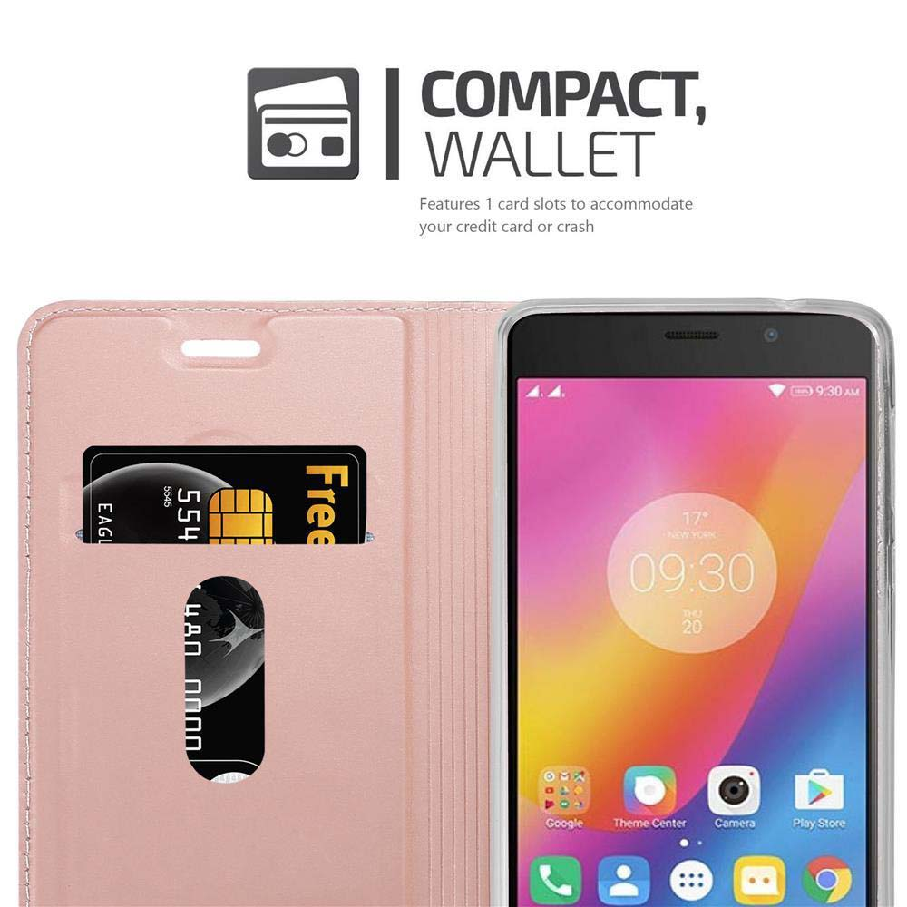 Una custodia a portafoglio rosa con telefono e slot per carte.