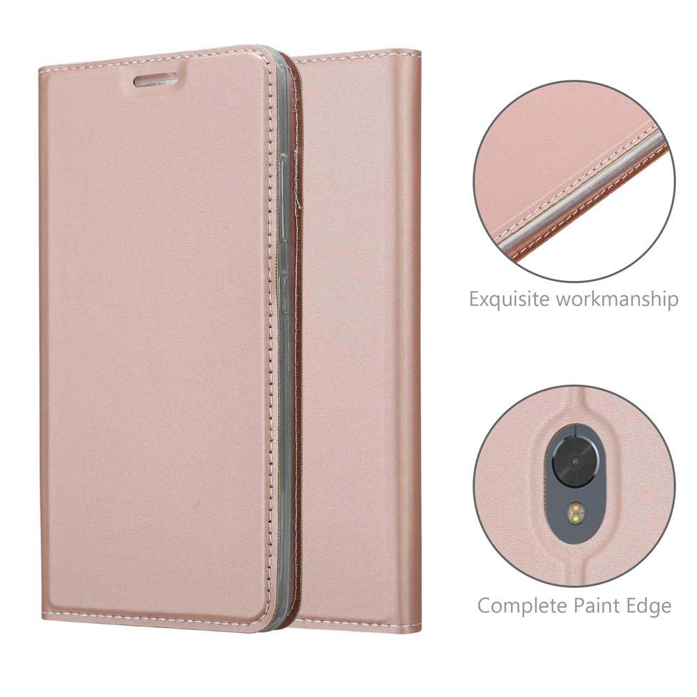Una custodia per telefono rosa oro con cuciture, primi piani di artigianalità e bordi.