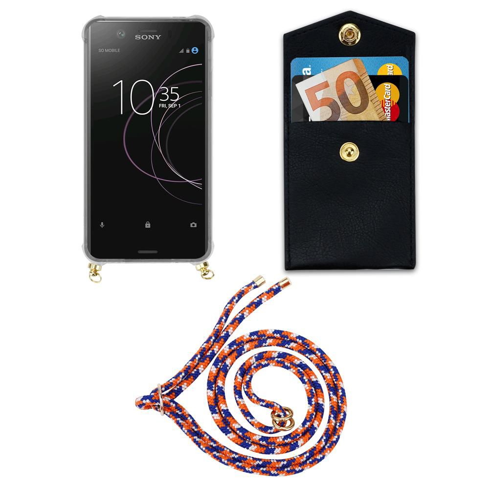 Ein Sony-Smartphone mit Hülle, schwarzes Portemonnaie mit Geld und Karten, und eine Kordel.