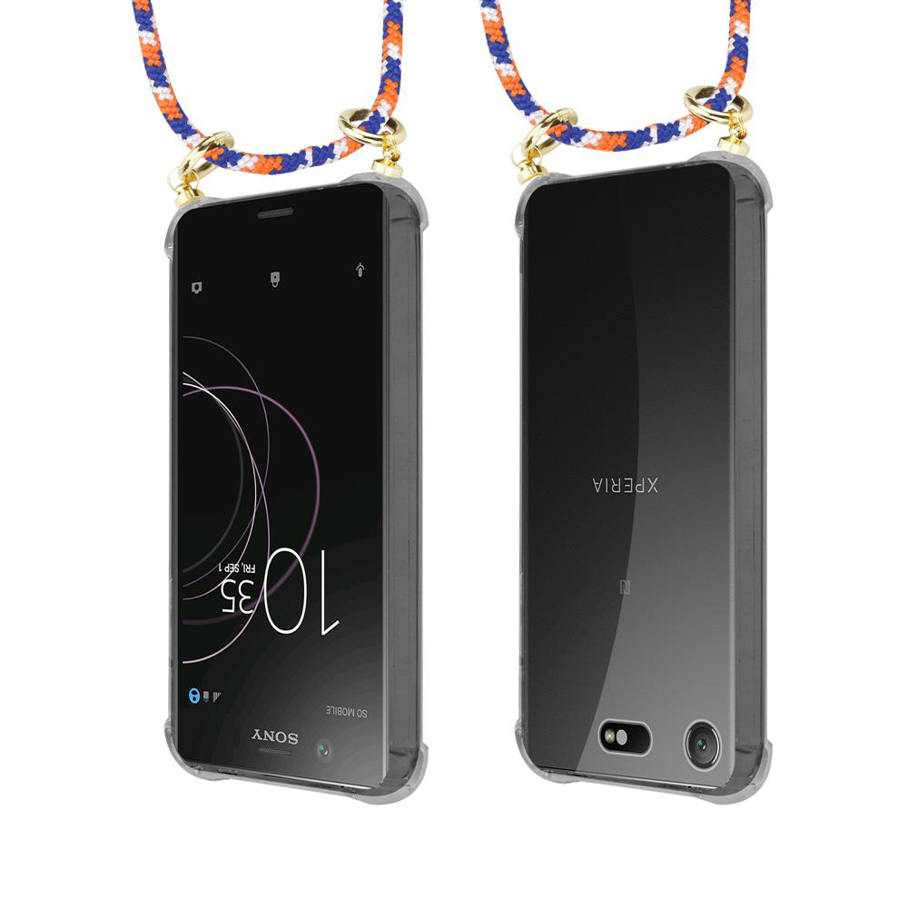 Zwei Sony Xperia Handys mit Trageband in Orange/Blau auf weißem Hintergrund.