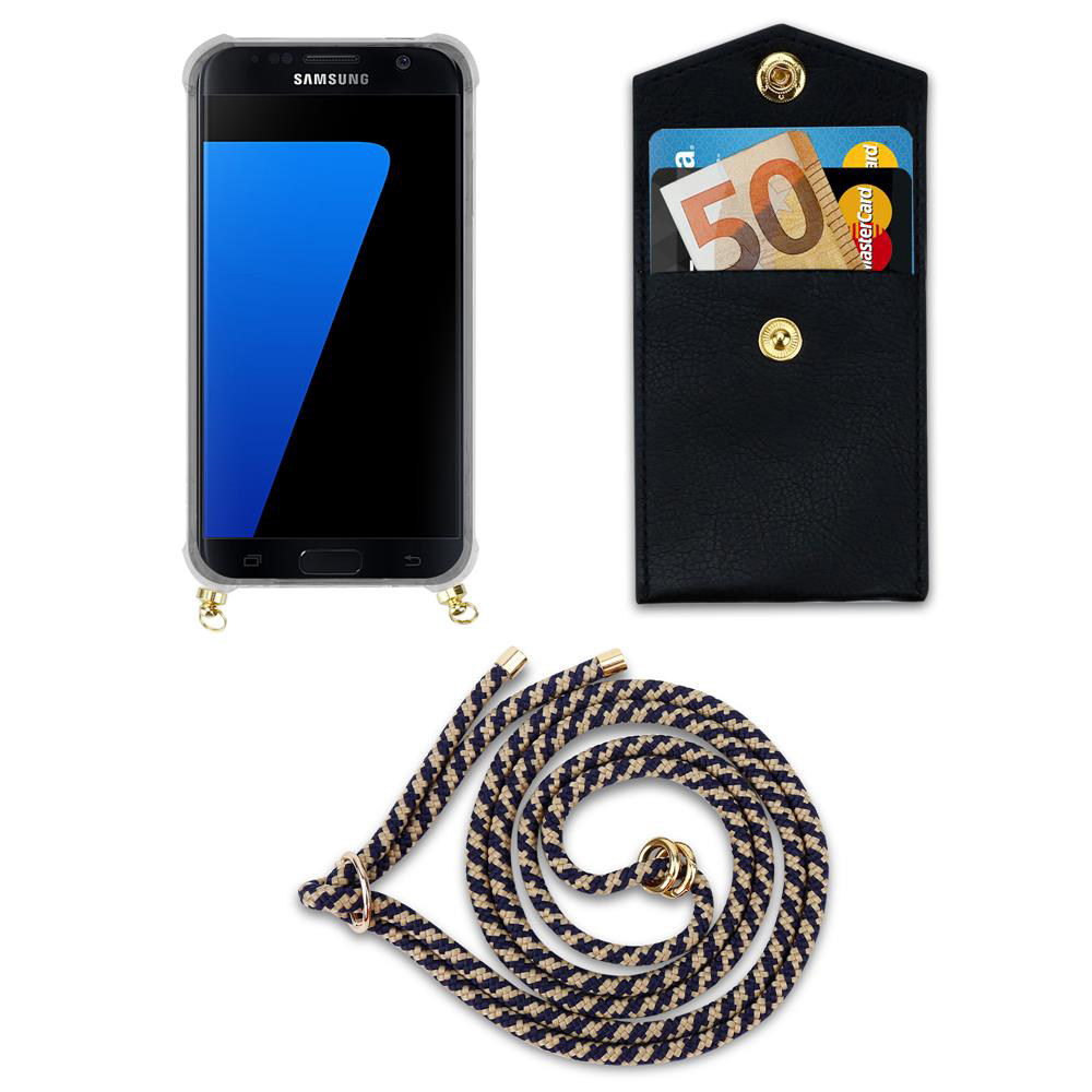 Uno smartphone in custodia, un portafoglio nero con carte e un laccetto.