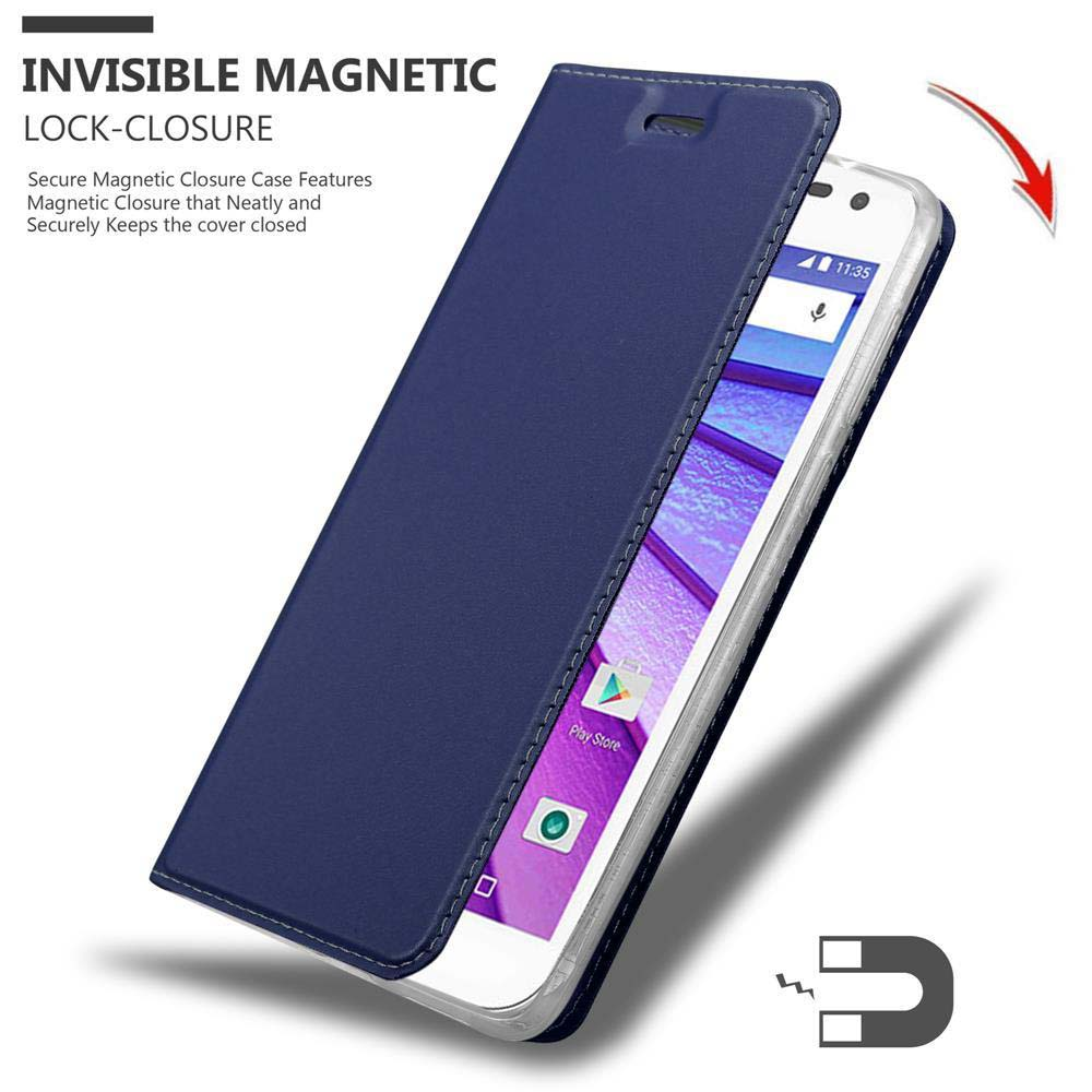 Custodia blu scuro per telefono con chiusura magnetica, protegge uno smartphone.