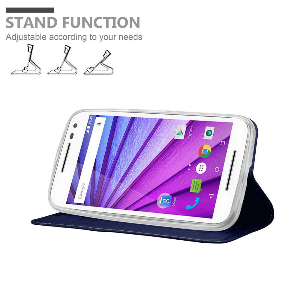 Uno smartphone in custodia blu sta in piedi. In alto sono mostrati tre supporti.