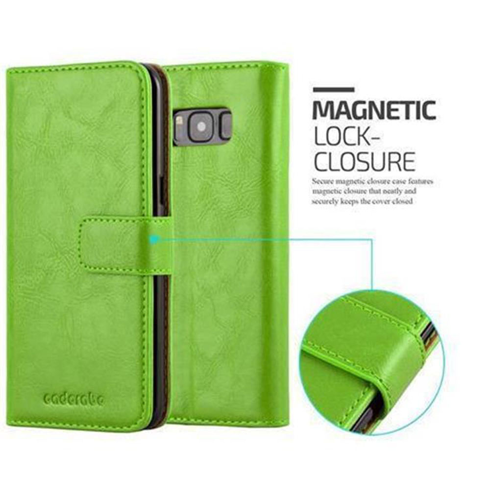 Grüne Handyhülle mit magnetischem Verschluss und detaillierter Ansicht.