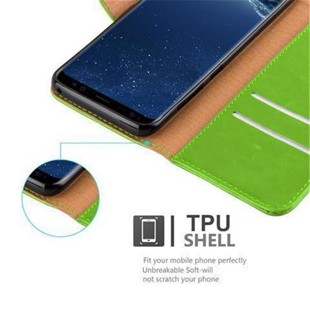 Grüne Handyhülle mit schwarzem Smartphone und Text 'TPU SHELL'.