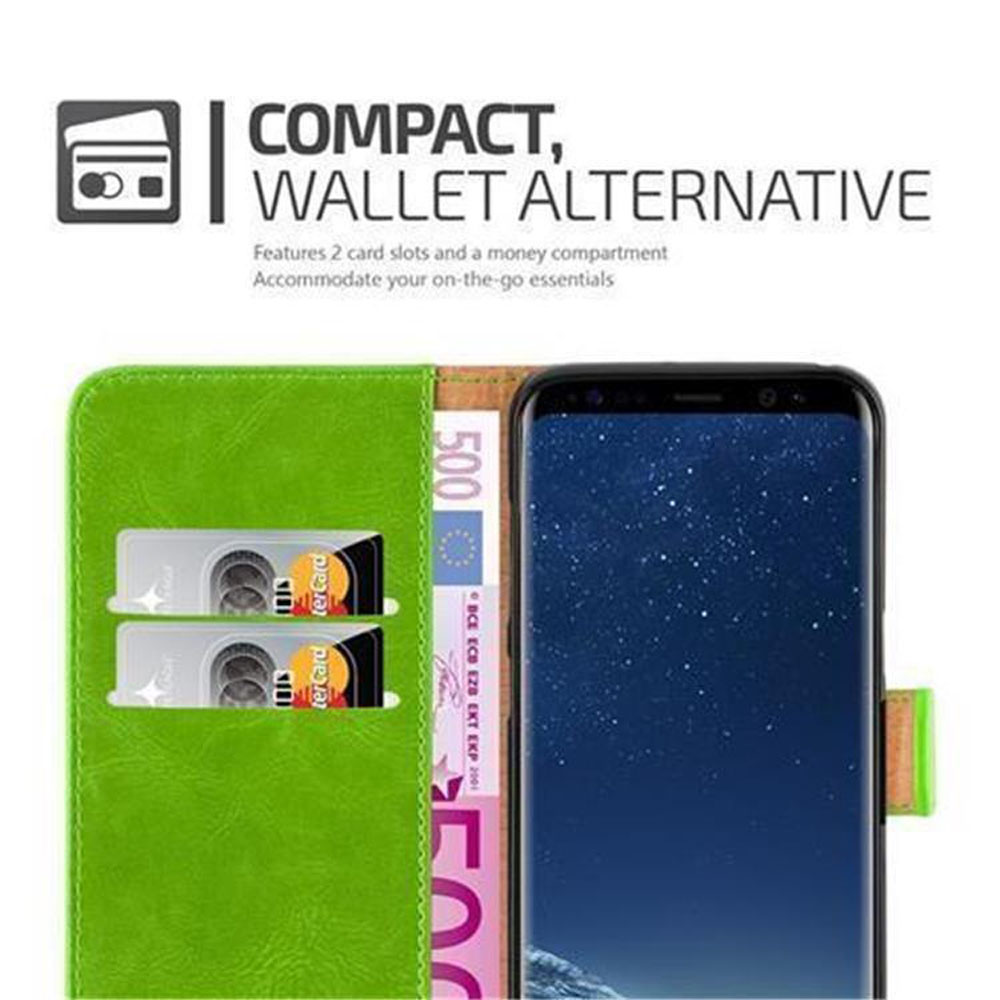 Grüne Brieftasche mit Smartphone, 2 Karten und 500€-Schein.