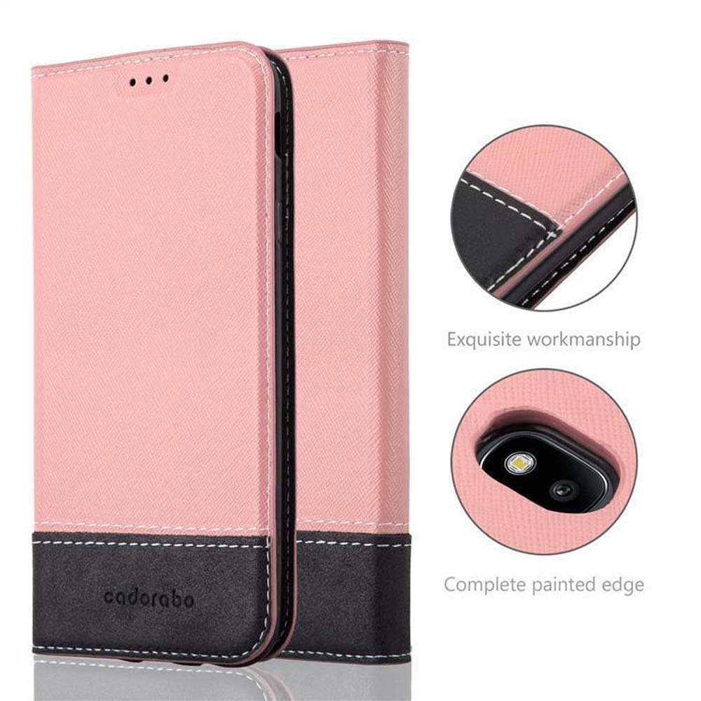 Viene mostrata una custodia per telefono rosa con accenti e cuciture nere.