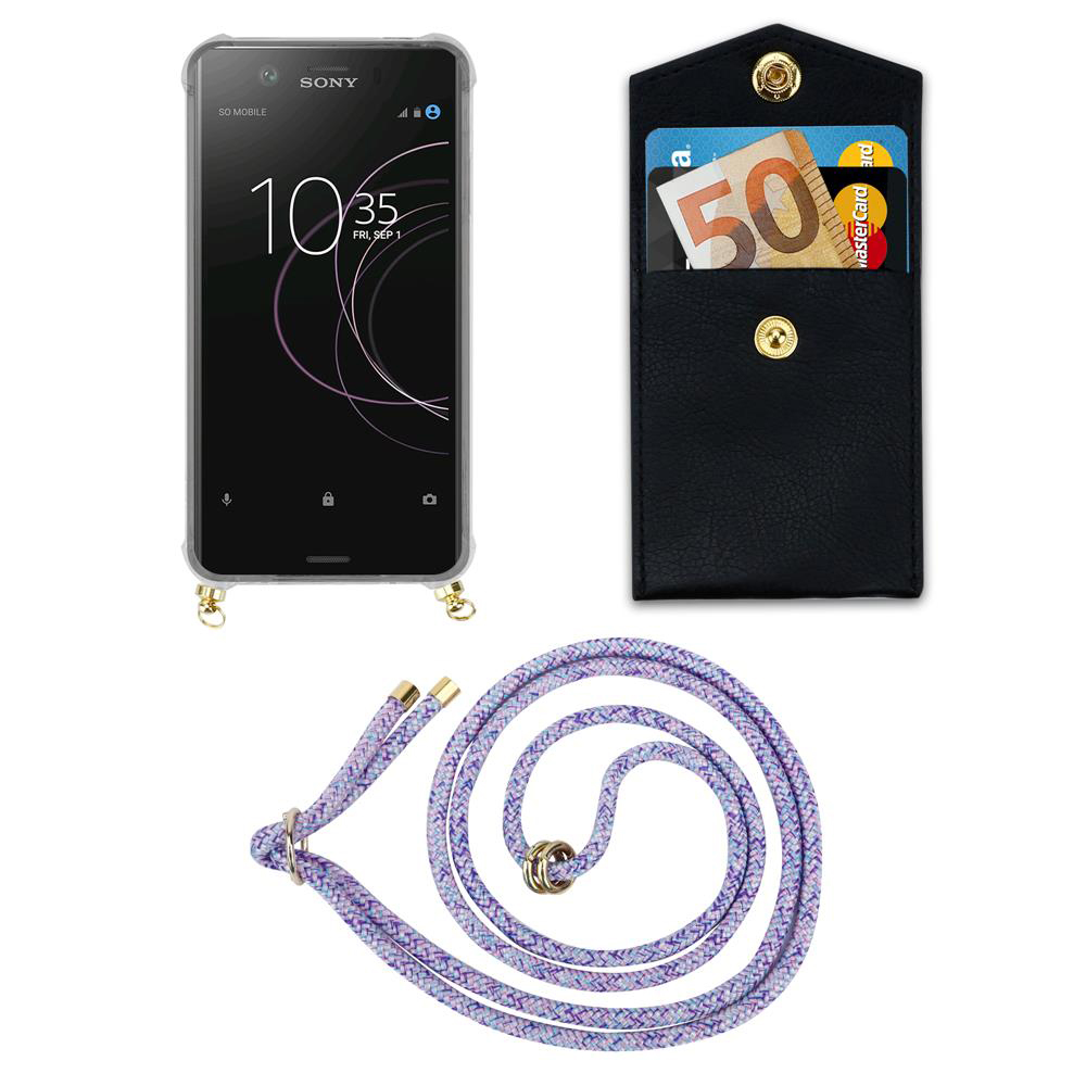 Ein Smartphone mit Hülle, Geldbörse mit Geld und Karten, und eine Lanyardschnur.