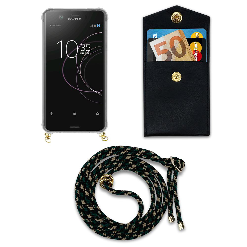 Sony Smartphone mit schwarzer Hülle, Geldbeutel und Lanyard.