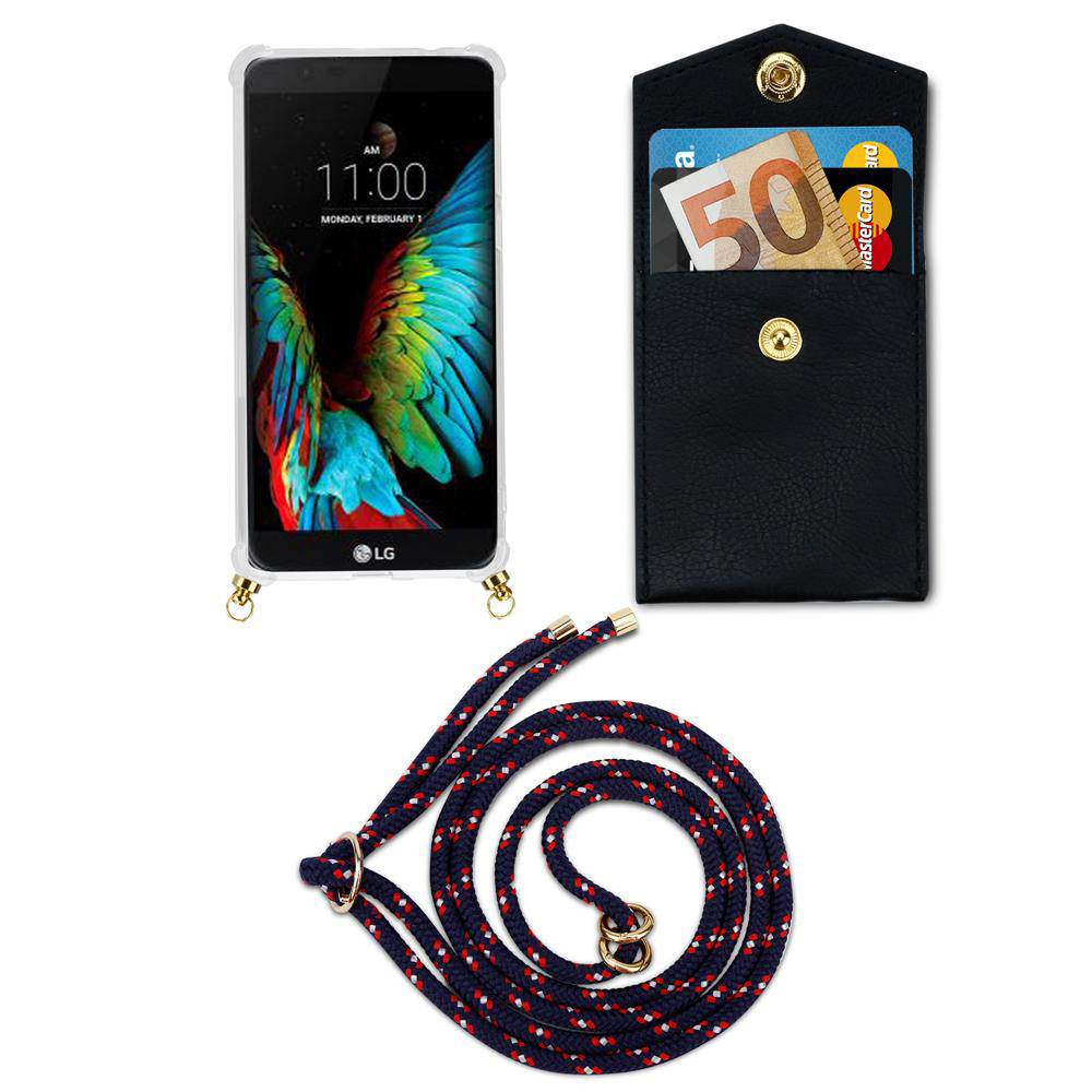 LG Handy mit durchsichtigem Hülle, schwarzes Etui mit Geld/Karten, Lanyard.