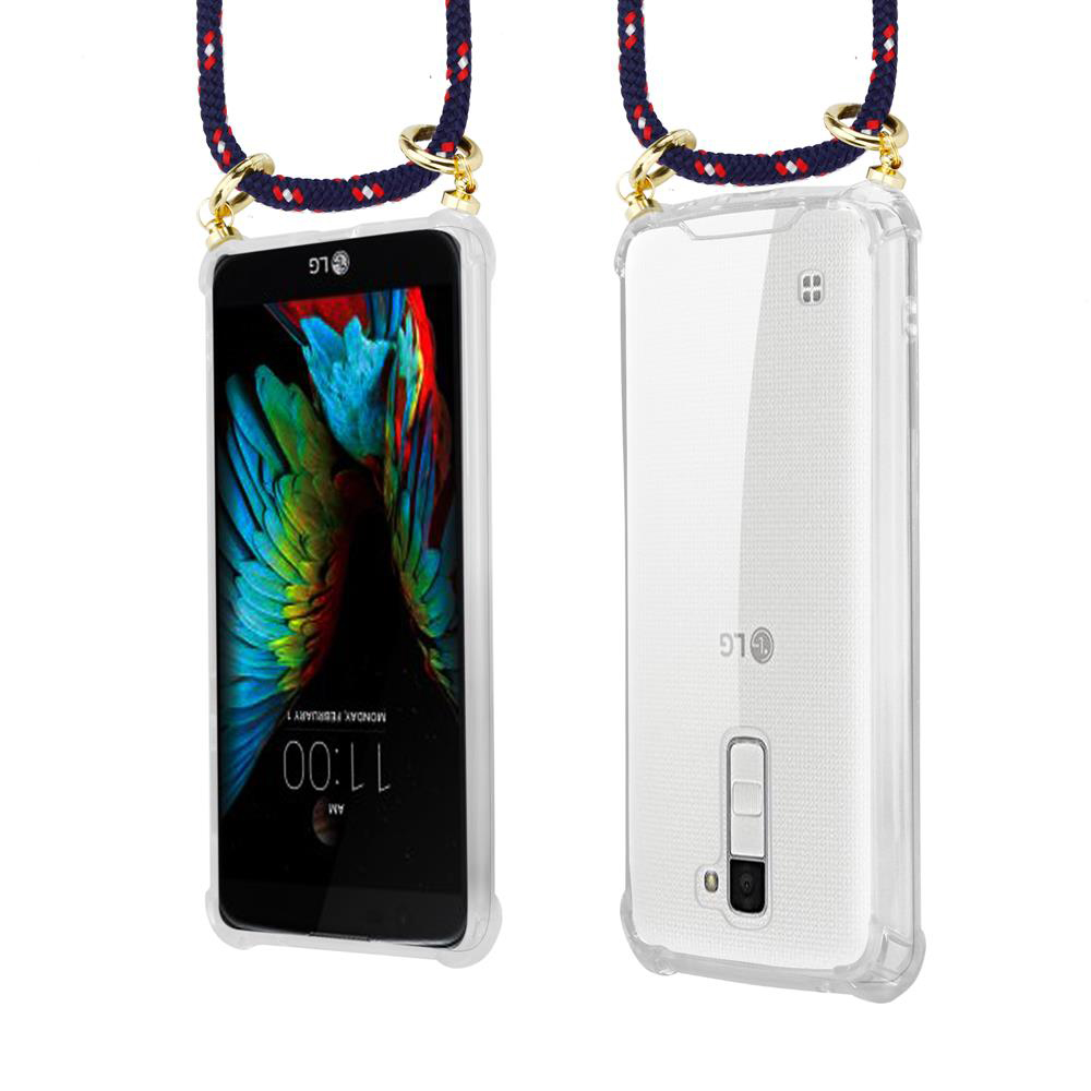 Ein LG-Smartphone mit bunter Sperrbildschirm-Tapete und einem durchsichtigen Gehäuse.