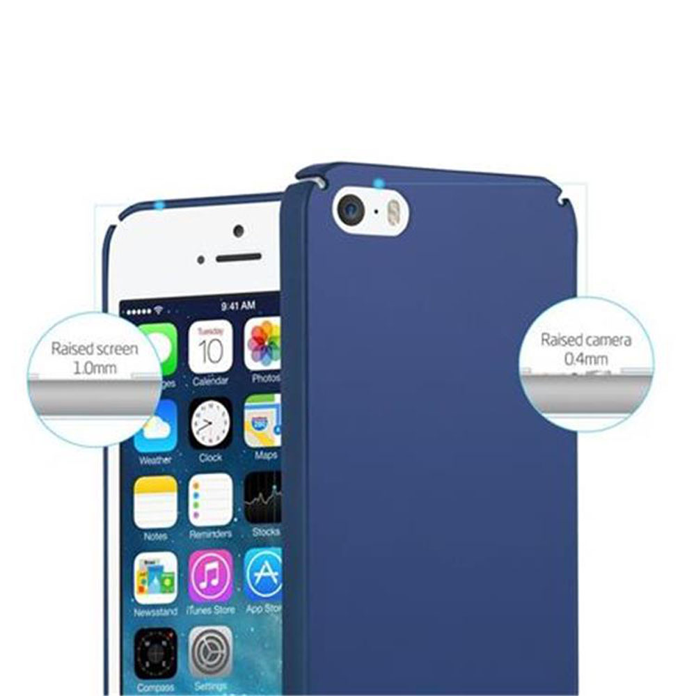 Ein blaues iPhone mit Hülle. Der Bildschirm und die Kamera sind leicht erhöht.