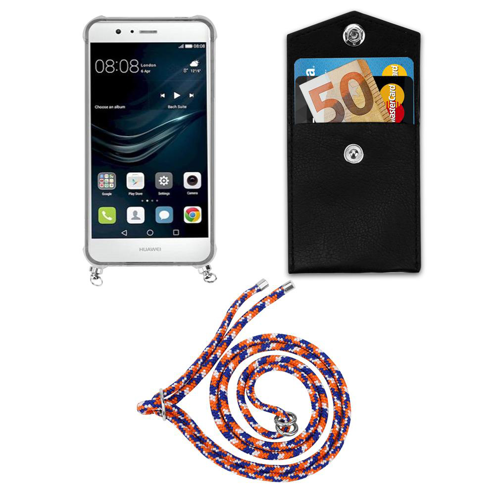 Uno smartphone, un portafoglio nero con soldi e carte, e un cordino.