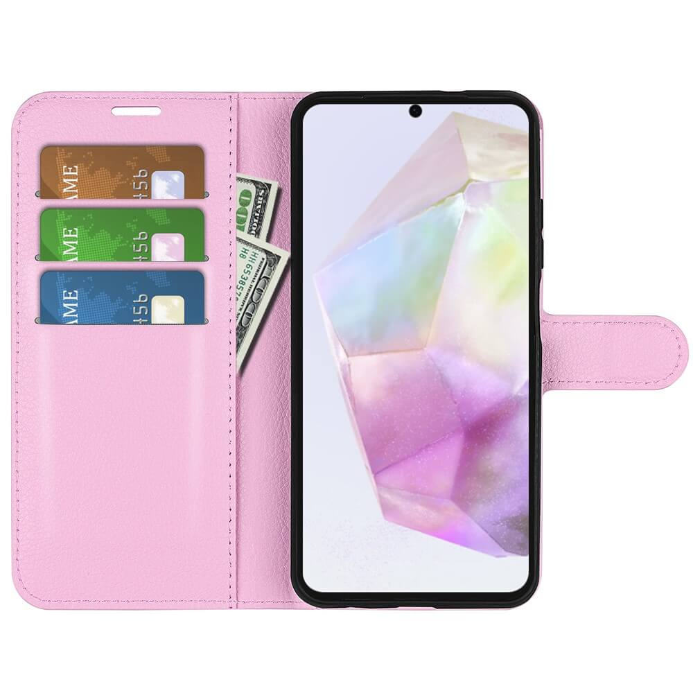 Custodia rosa per telefono con slot per carte e contanti, accanto a uno smartphone.