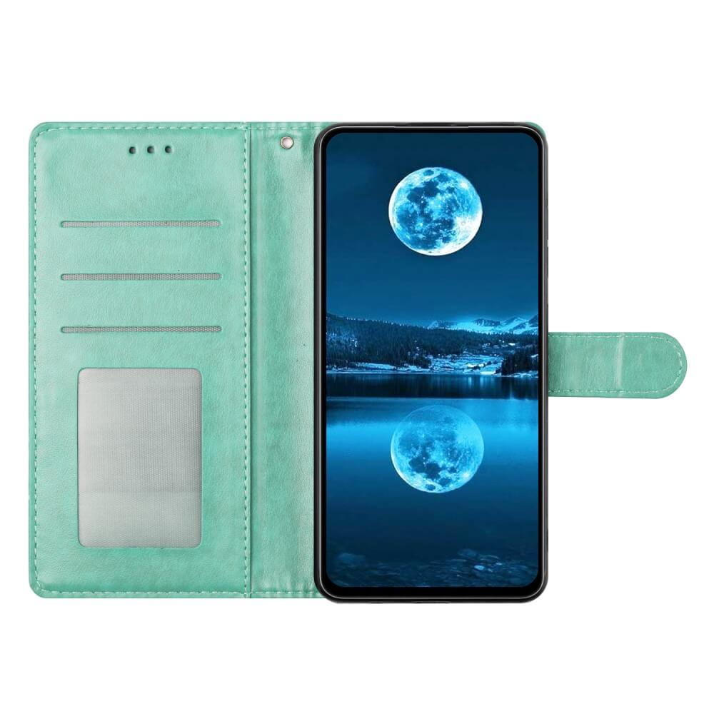 Ein mintgrünes Handycover mit Vollmond-Naturmotiv auf dem Bildschirm.