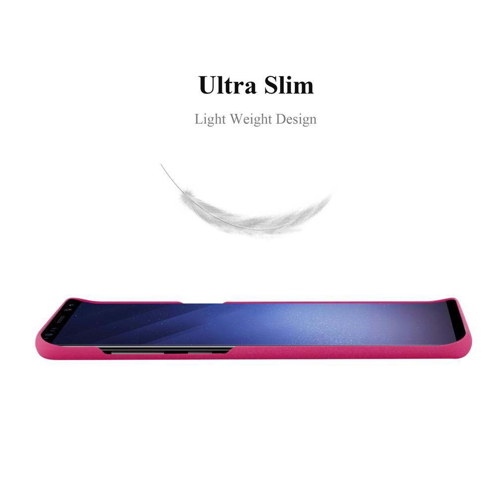 Una cover per telefono rosa brillante e sottile con grafica di piuma e testo.