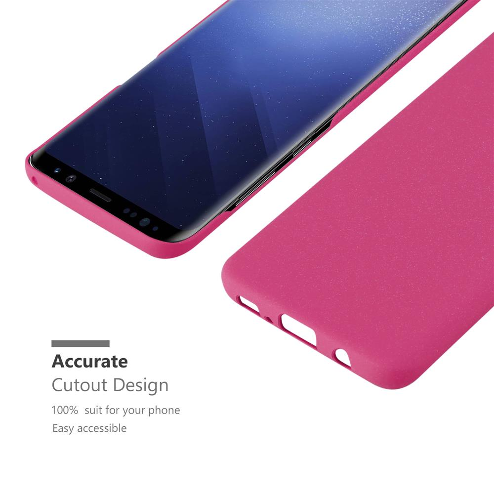 Un telefono e una cover rosa su sfondo bianco. Design con ritagli precisi.