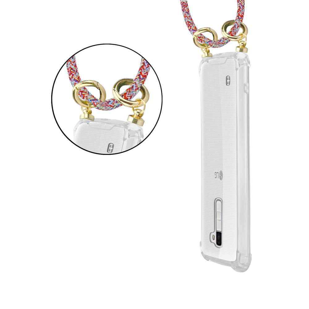 Ein transparenter Handyhülle mit einem bunten Band und goldenen Beschlägen.