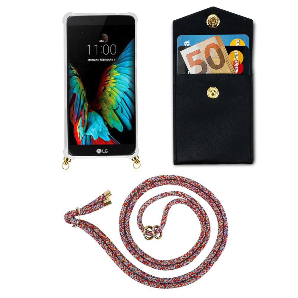 LG-Handy in klarer Hülle, schwarzer Kartenhalter mit Bargeld und Karten, buntes Band.