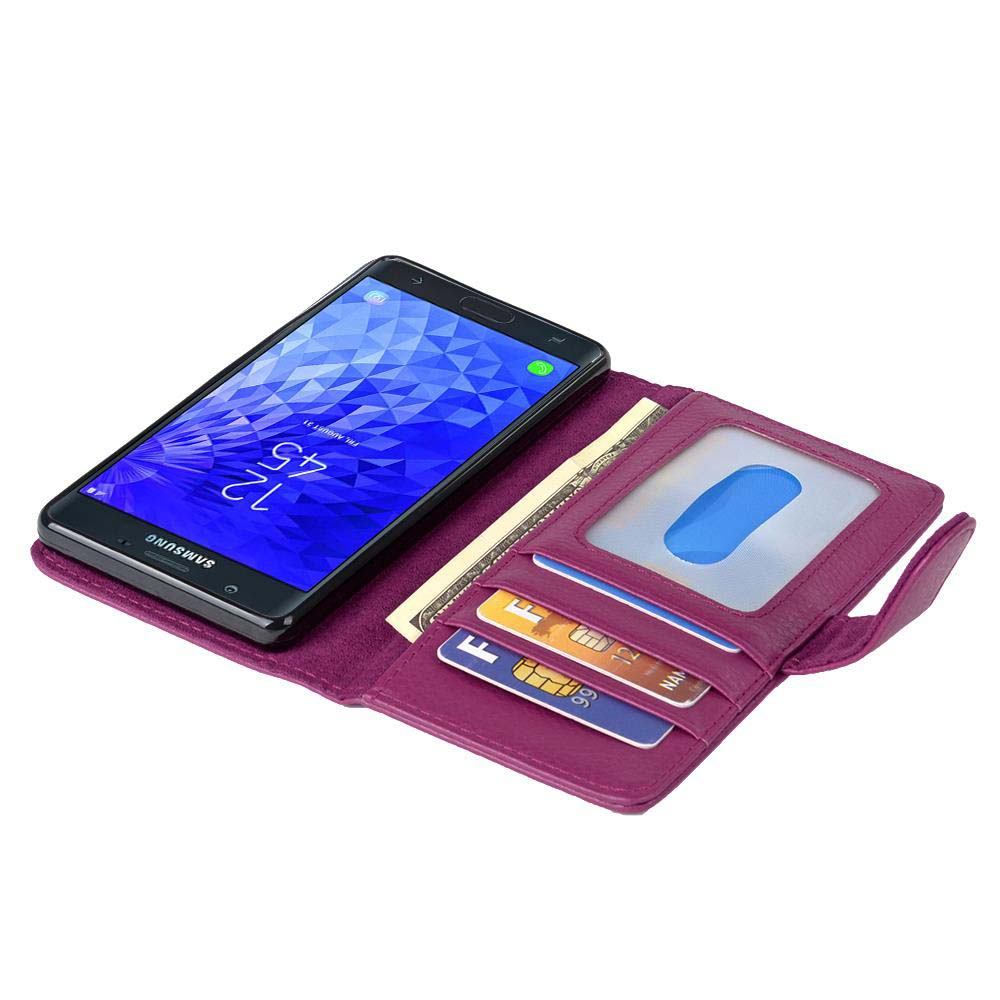 Un telefono Samsung viola riposa in un portafoglio con carte e denaro.