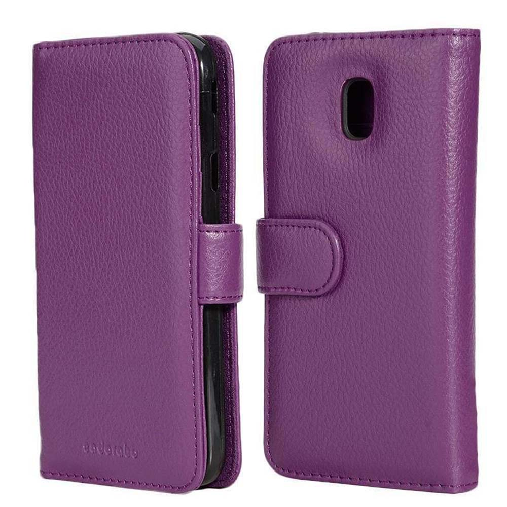 Custodia in pelle viola per telefono, mostrata chiusa e aperta.