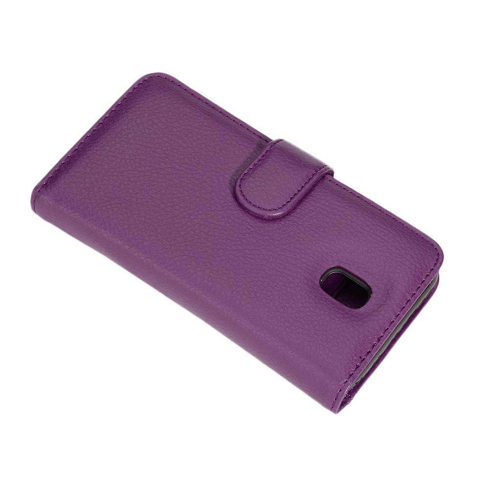 Custodia viola a flip per telefono con ritaglio per fotocamera.
