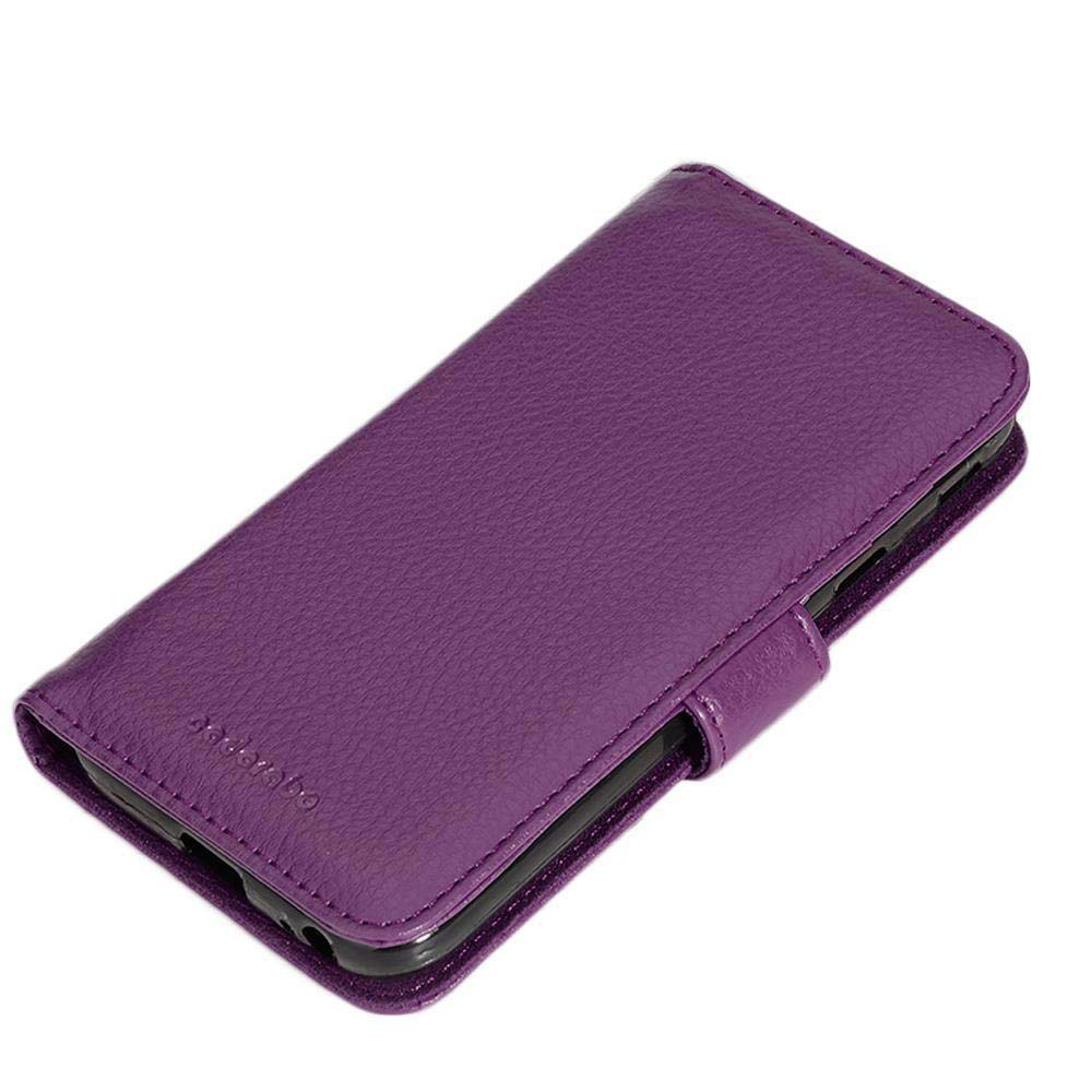 Custodia per telefono in pelle viola, aperta, che mostra il telefono all'interno.