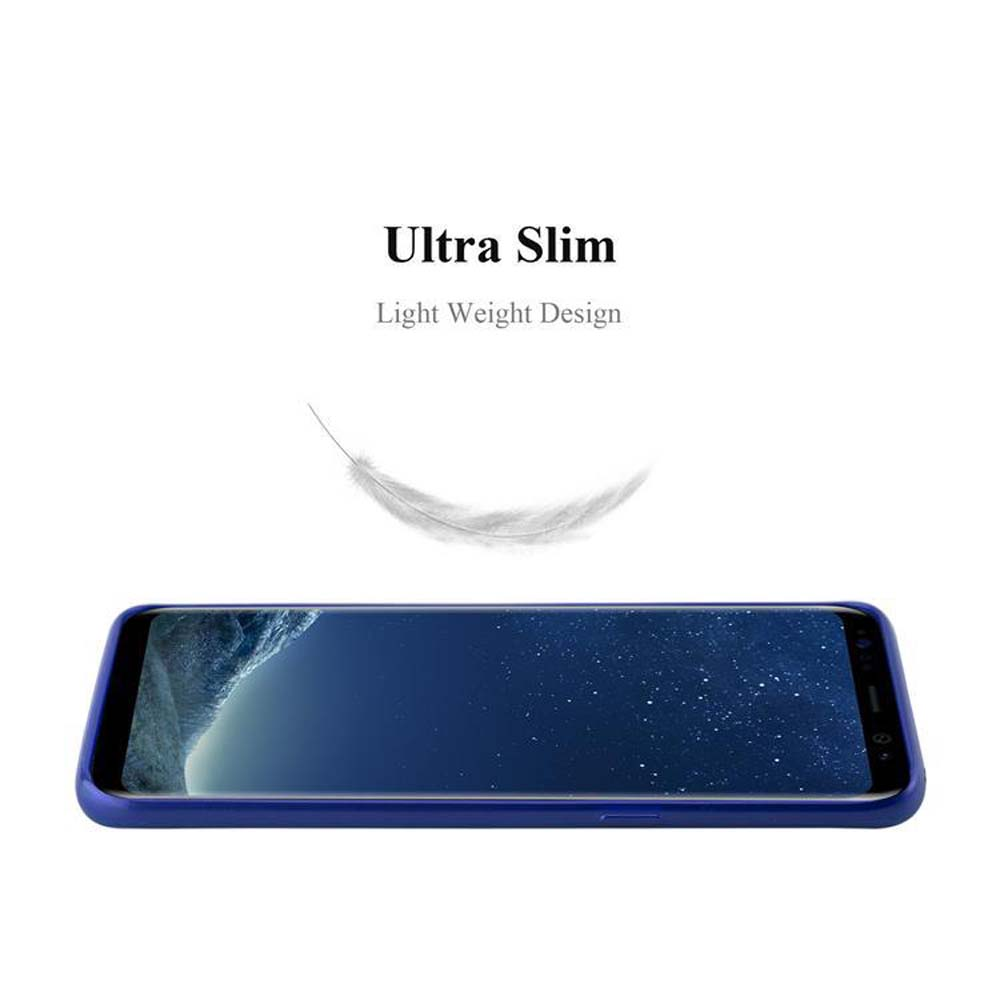 Ein blaues Smartphone mit einem Federbild und Text darüber.