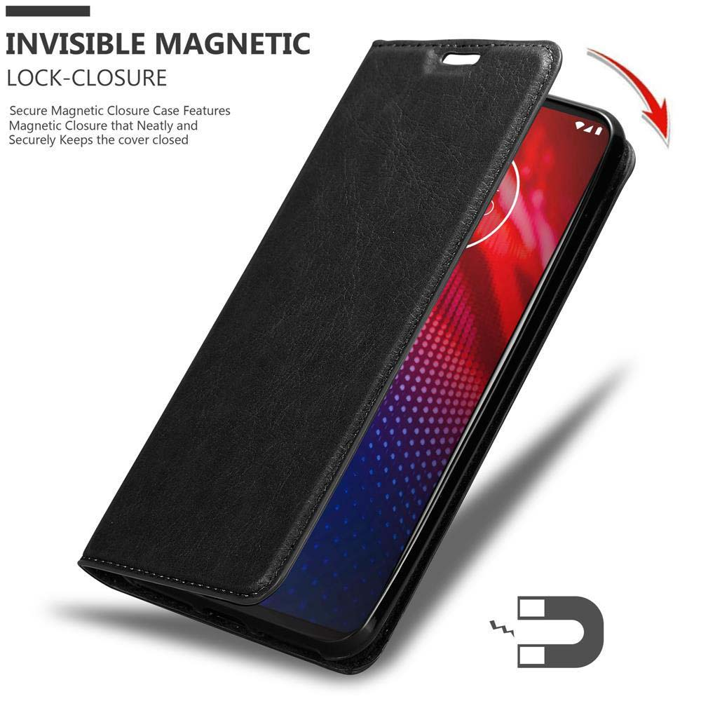 Custodia nera in pelle per telefono con chiusura magnetica, mostra il telefono.