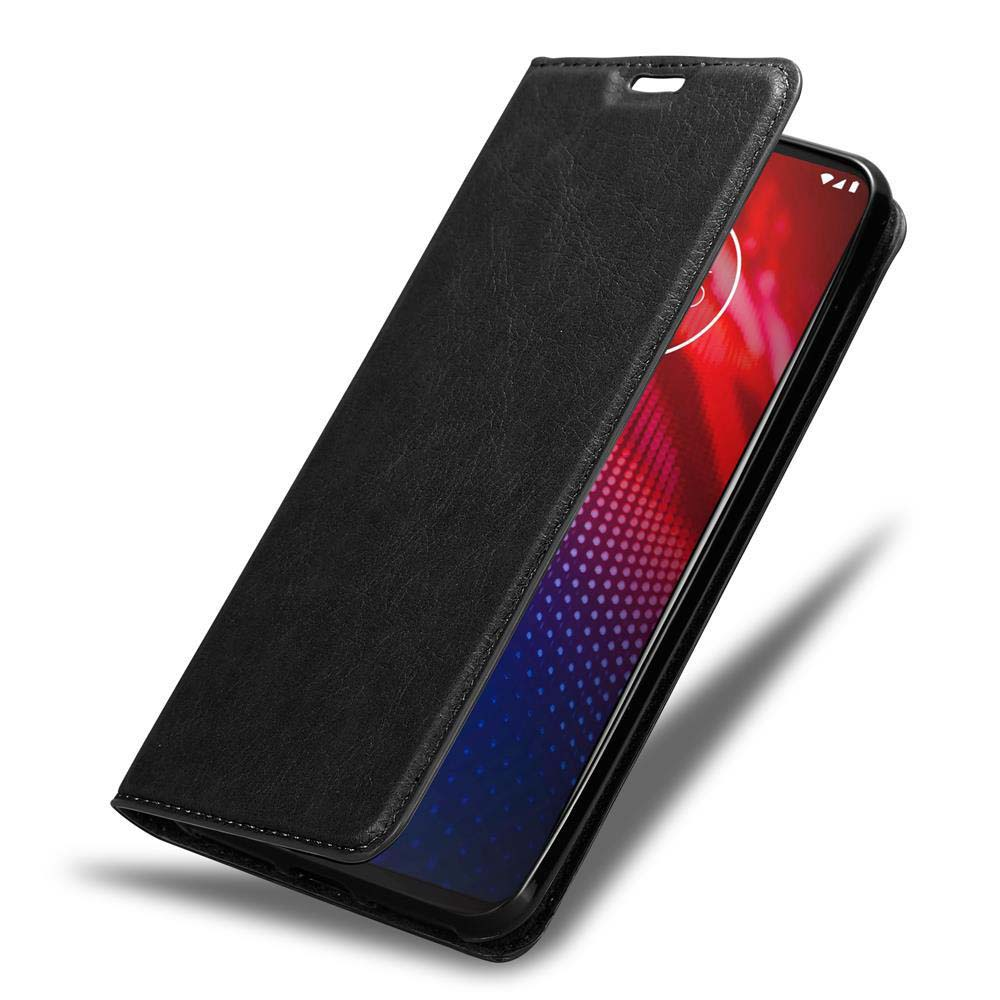Custodia nera a flip aperta, che mostra uno schermo rosso e blu.