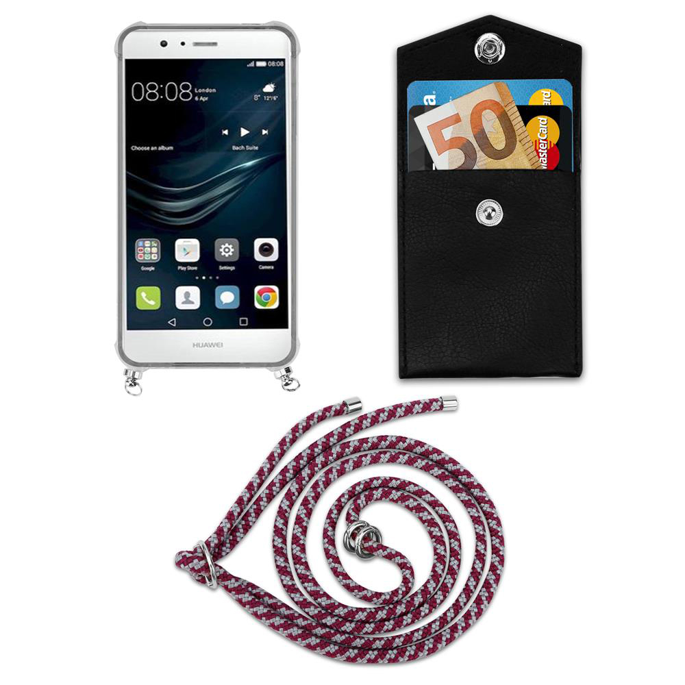 Un telefono Huawei bianco, un porta carte nero con banconota da 50 euro e carte, e un cordino rosso/grigio.