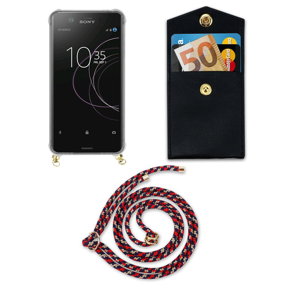 Sony Smartphone mit Hülle, schwarze Brieftasche mit Karten und Euroscheinen, Lanyard