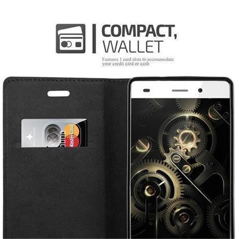 Funda tipo cartera negra con 1 ranura para tarjeta, al lado un smartphone con engranajes.