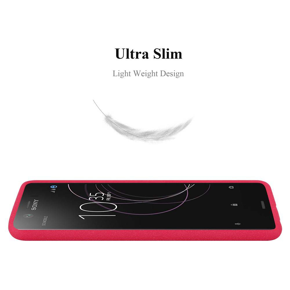 Una custodia rossa per telefono con icona di piuma e testo "Ultra Slim".
