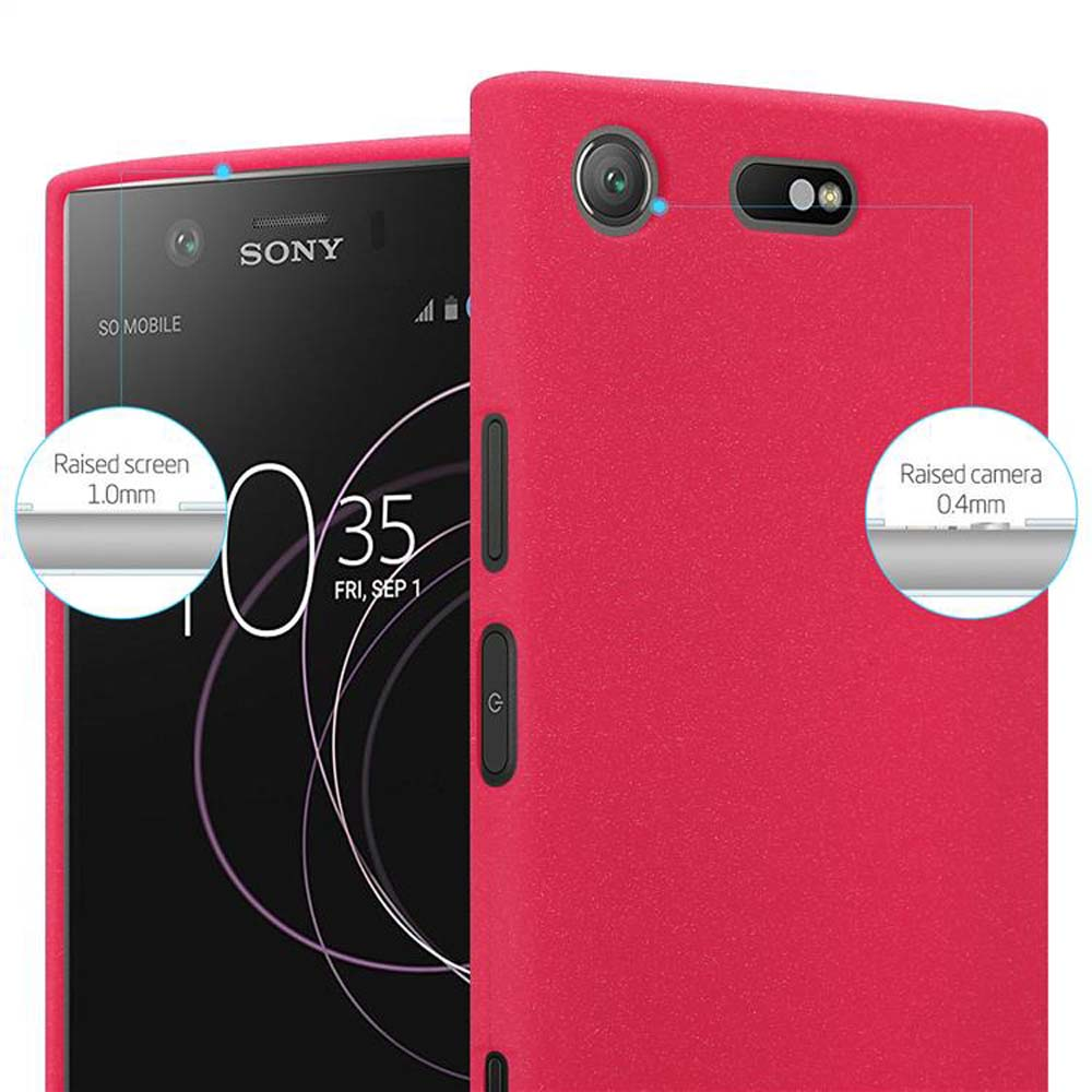 Custodia rossa per telefono Sony. Schermo e fotocamera rialzati.