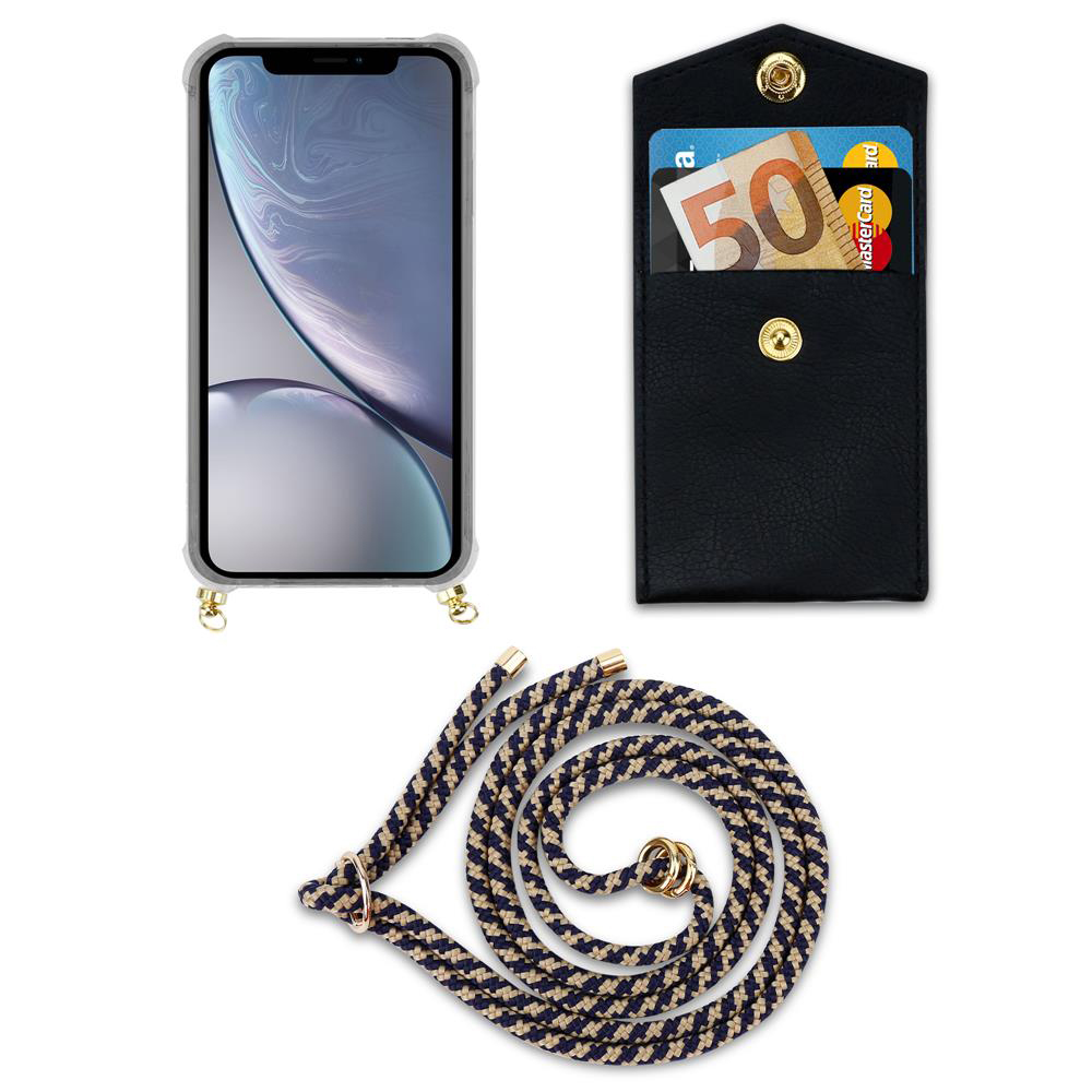 Un iPhone in una custodia con cinturino, banconota e carte in una tasca nera.