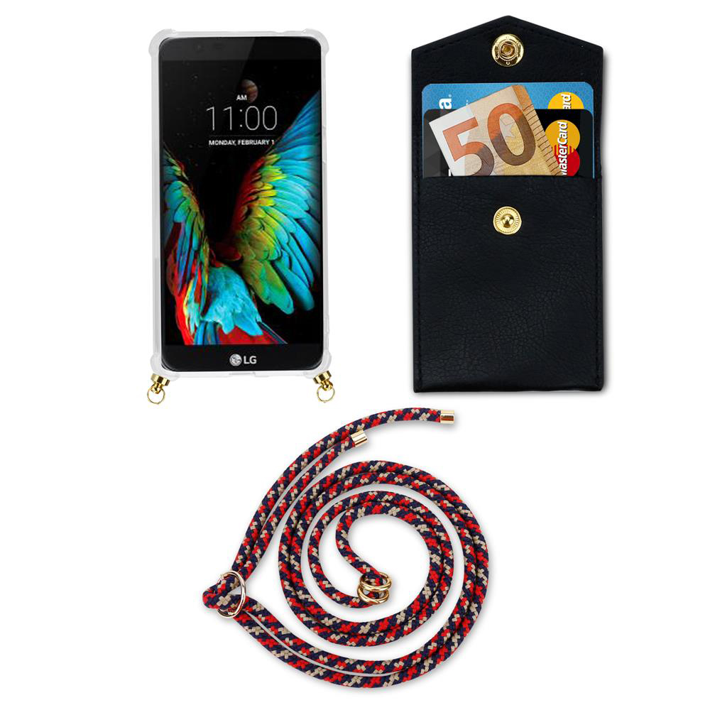 LG Smartphone mit Hülle, Geldbörse mit Geld und Karten, und Lanyard.