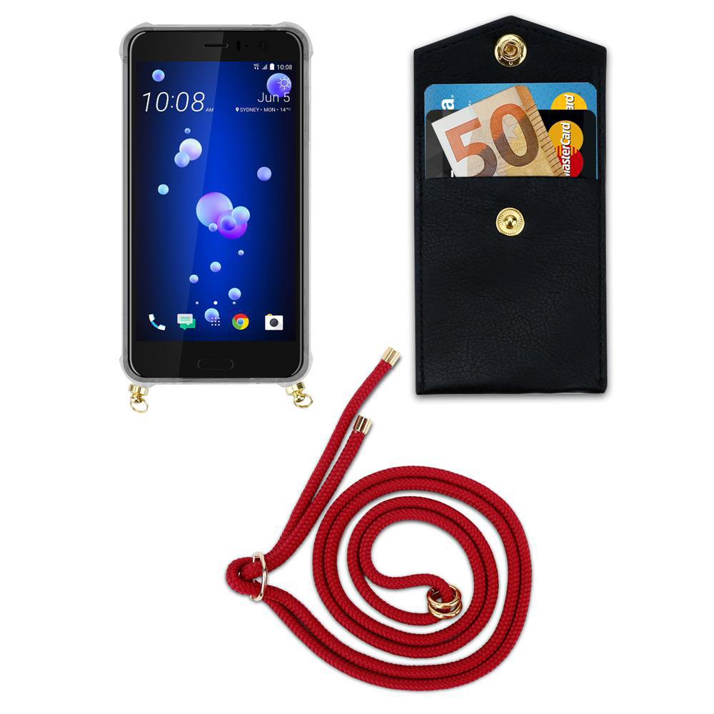 Smartphone mit schwarzer Hülle, Geldbörse mit Geld und Karten, rotes Seil.