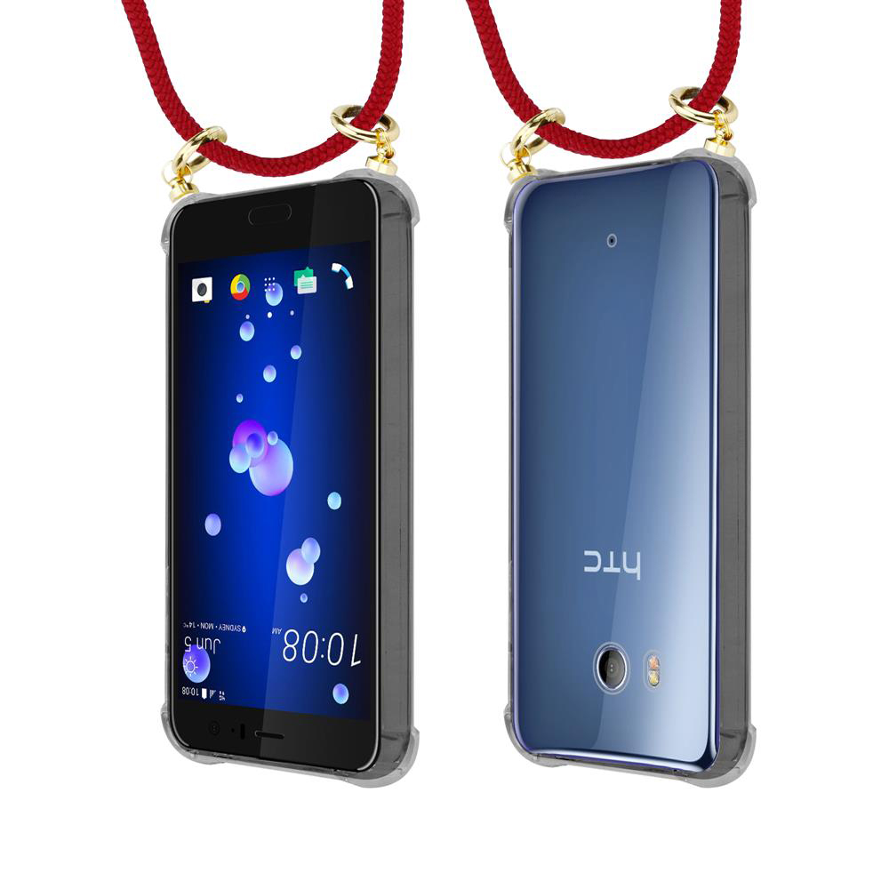 Zwei HTC Smartphones in Schutzhüllen mit roten Trageschlaufen.