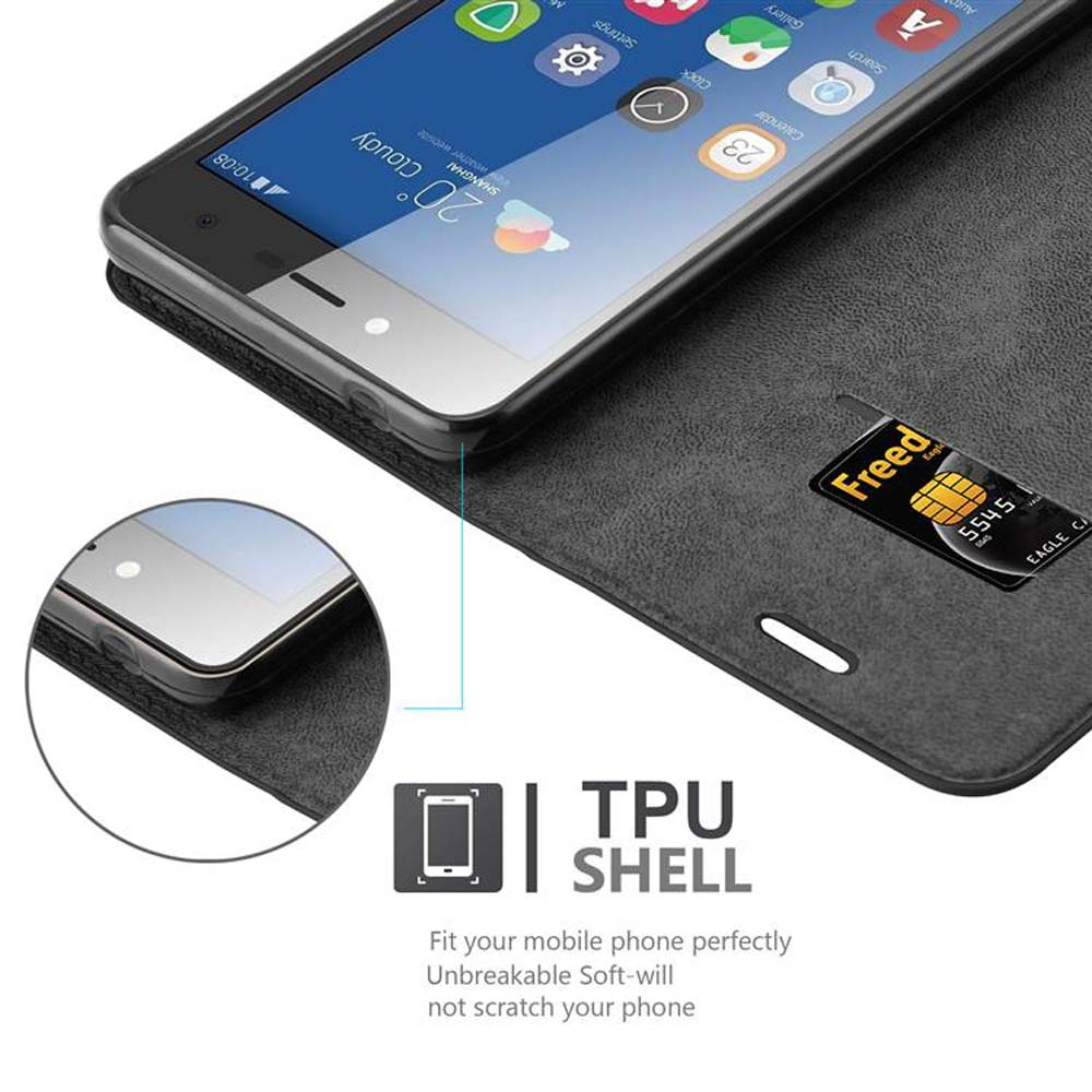 Uno smartphone in una custodia nera mostra il meteo. Una carta SIM è visibile.
