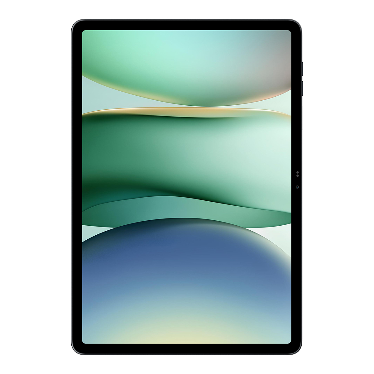 Een tablet met een abstracte turkooisblauwe achtergrond.