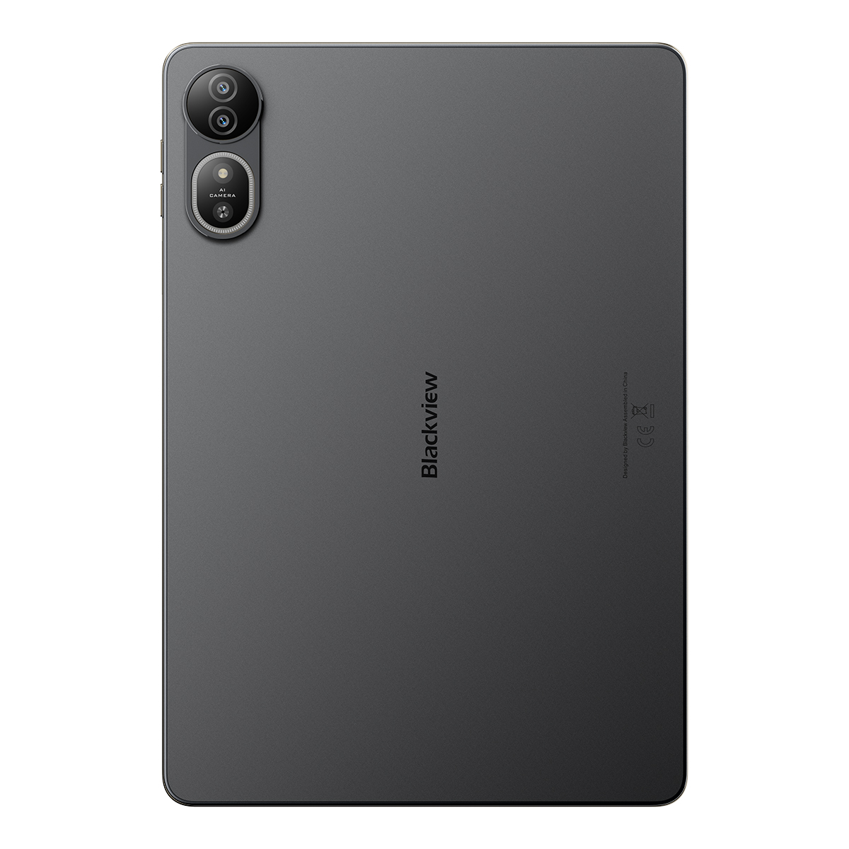 Achterkant van een donkere tablet met dubbele camera en merknaam.